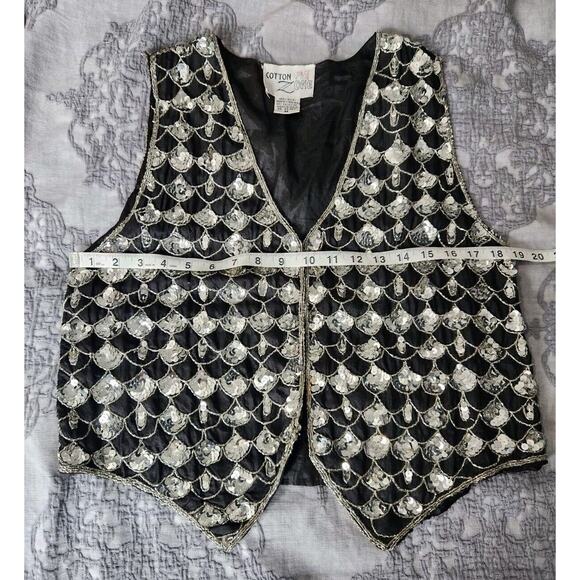 Vtg 80s COTTON ZONE India SILK Black Silver SEQUIN Fish Scale Pattern VEST M EUC - Picture 7 of 8